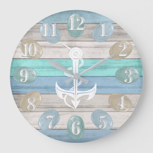 Blue Teal _ Sea Glass  Nautical  Anchor Large Clock