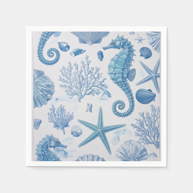 Blue Teal Seahorse Shell Starfish Ocean Pattern Napkins (Front)