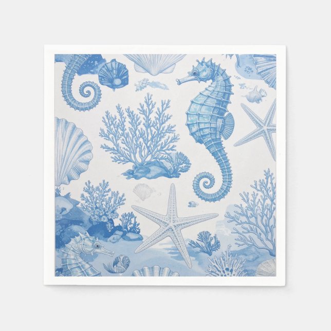 Blue Teal Seahorse Shell Starfish Ocean Pattern Napkins (Front)