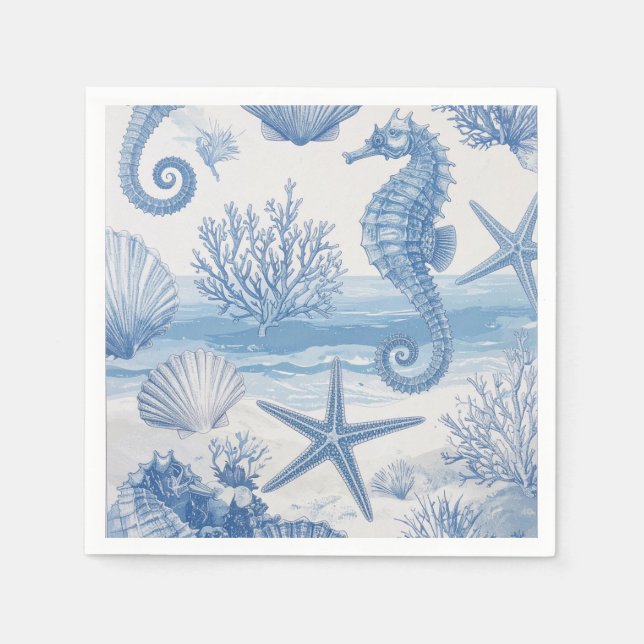 Blue Teal Seahorse Shell Starfish Ocean Pattern Napkins (Front)