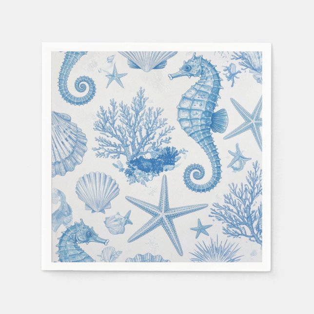 Blue Teal Seahorse Shell Starfish Ocean Pattern Napkins (Front)