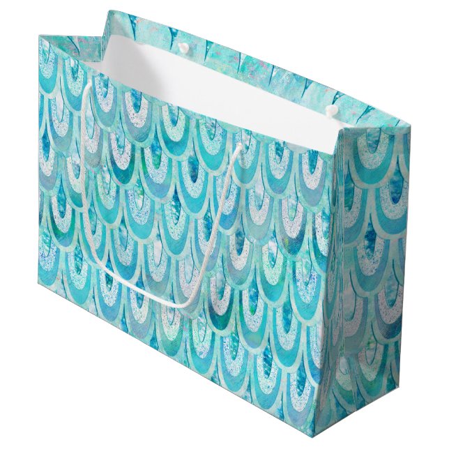 Blue Teal Shiny Mermaid Scales Fish Scales Large Gift Bag (Front Angled)