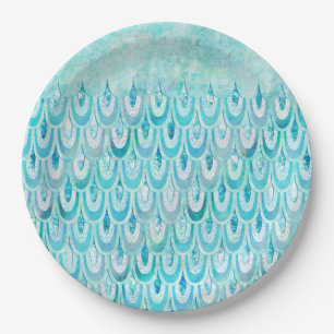 Blue Teal Shiny Mermaid Scales Fish Scales Paper Plates
