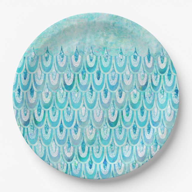Blue Teal Shiny Mermaid Scales Fish Scales Paper Plates (Front)