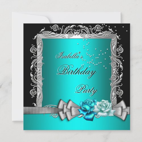 Blue Teal Silver Floral Roses Birthday Party Custom Invitations