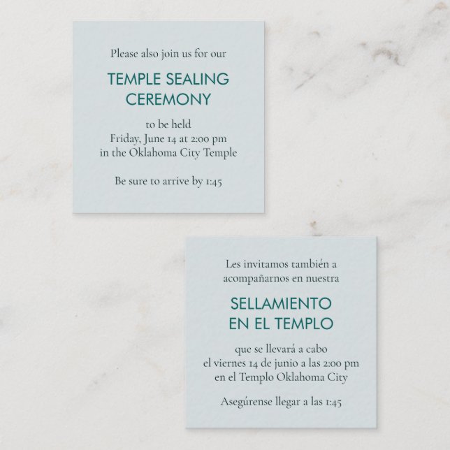 Blue & Teal Spanish/English Temple Sealing Enclosure Card (Front/Back)