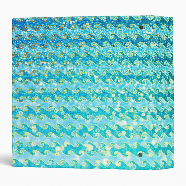 Blue Teal Sparkle Ocean Mermaid Waves Pattern 3 Ring Binder (Back/Spine)