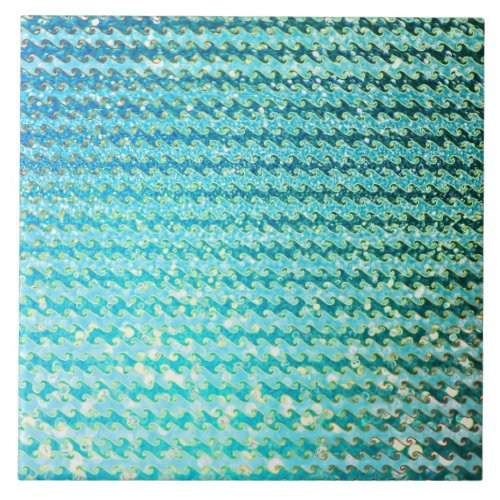 Blue Teal Sparkle Ocean Mermaid Waves Pattern Ceramic Tile