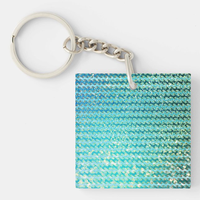 Blue Teal Sparkle Ocean Mermaid Waves Pattern Keychain (Front)