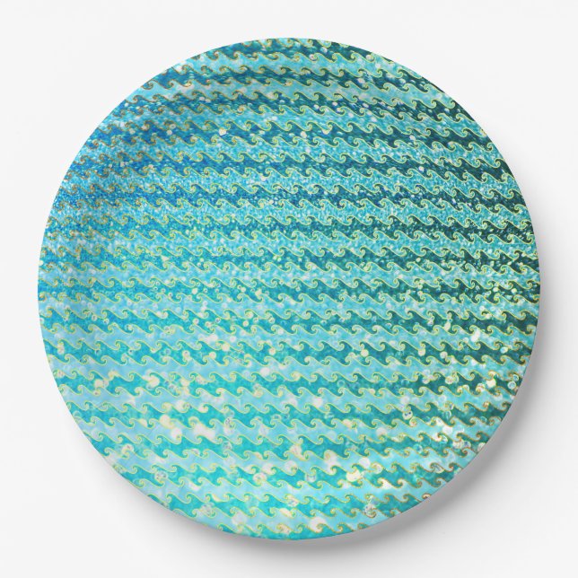 Blue Teal Sparkle Ocean Mermaid Waves Pattern Paper Plates (Front)