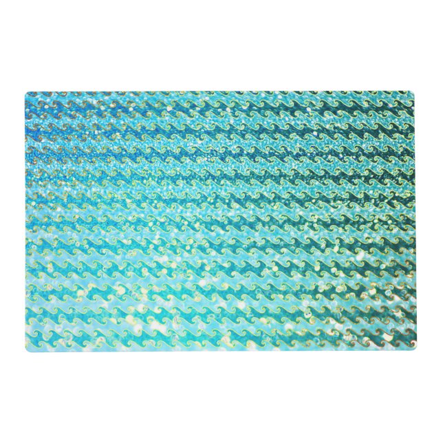 Blue Teal Sparkle Ocean Mermaid Waves Pattern Placemat (Front)