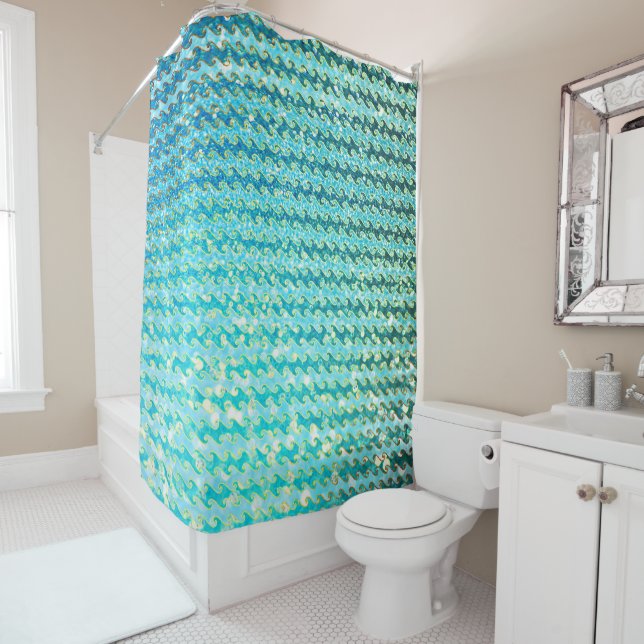 Blue Teal Sparkle Ocean Mermaid Waves Pattern Shower Curtain (In Situ)