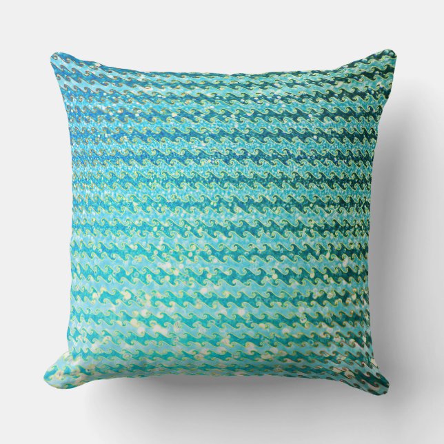 Blue Teal Sparkle Ocean Mermaid Waves Pattern Throw Pillow (Front)