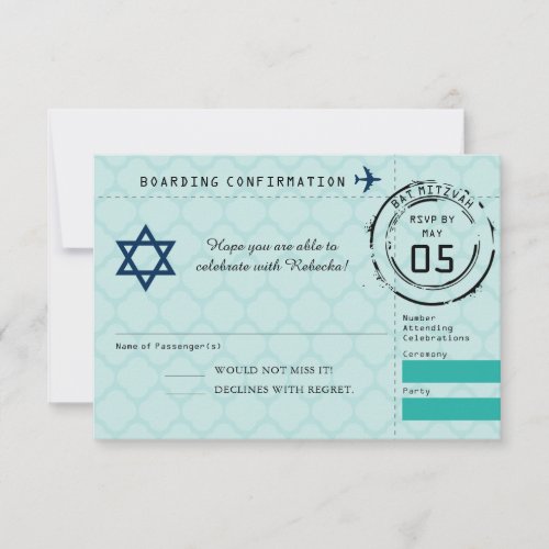 Blue Teal Star of David Bat Mitzvah Passport RSVP Card