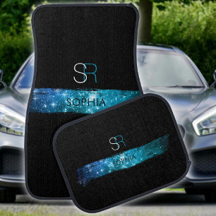 Blue & Teal Stardust Brush Stroke, Monogram & Name Car Floor Mat