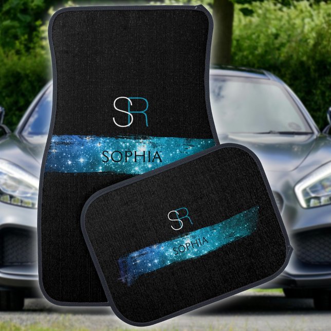 Blue & Teal Stardust Brush Stroke, Monogram & Name Car Floor Mat (Creator Uploaded)