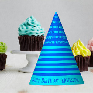 Blue, Teal Stripes Birthday Party Hat