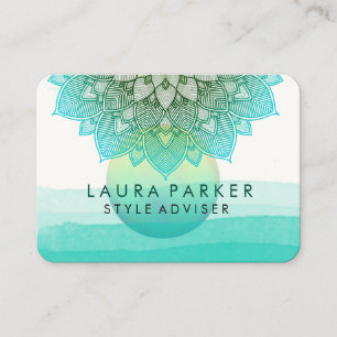 Blue Teal Sunset Lotus Floral Mandala Yoga Business Card