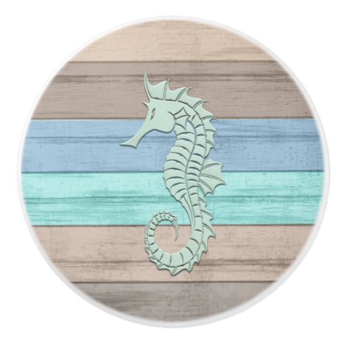 Blue Teal  Tan Beach Wood _ Nautical Seahorse Ceramic Knob