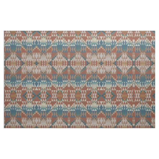 Blue Teal Taupe Burnt Orange Brown Ethnic Look Fabric