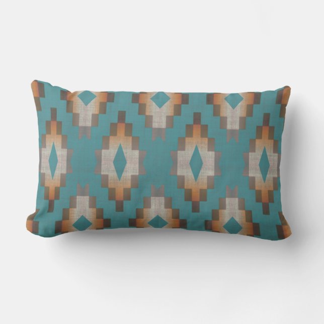 Blue Teal Terracotta Orange Brown Taupe Tribal Art Lumbar Pillow (Front)