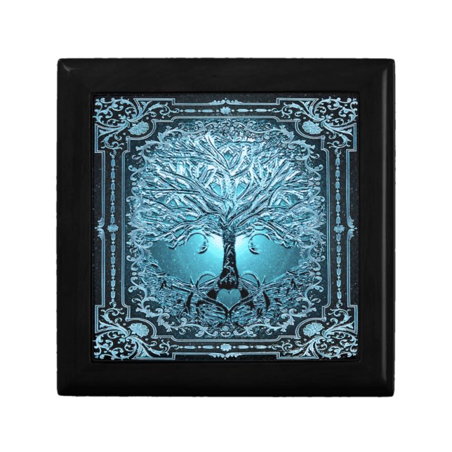Blue Teal Tree of Life Ancient Rustic Inner Light Gift Box (Front)