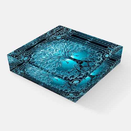 Blue Teal Tree of Life Ancient Rustic Inner Light  Paperweight