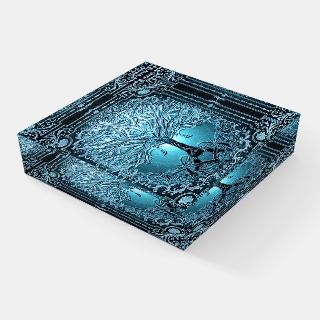 Blue Teal Tree of Life Ancient Rustic Inner Light  Paperweight (Angled)