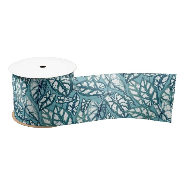 Blue Teal Tropical Leaves Satin Ribbon (Spool)