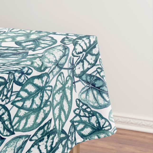 Blue Teal Tropical Leaves Tablecloth (In Situ)