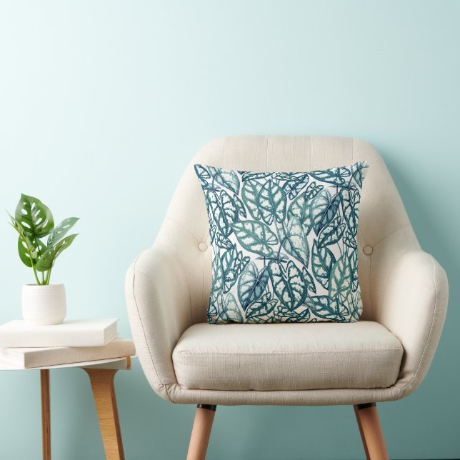Blue Teal Tropical Leaves Throw Pillow (Chair)