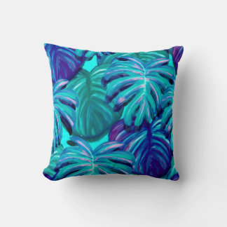 Blue Teal Tropical Leaves Throw Pillow