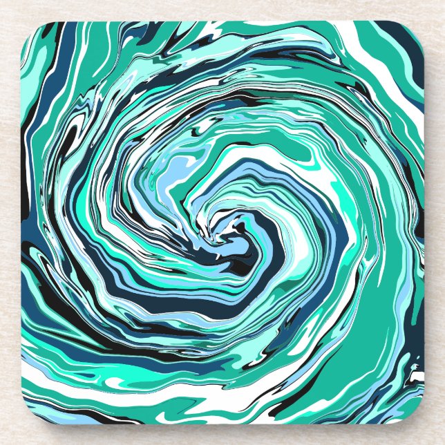 Blue, Teal, Turquoise and White Swirls Marble Art  Beverage Coaster (Front)