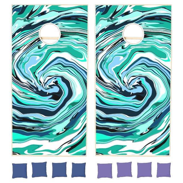 Blue, Teal, Turquoise and White Swirls Marble Art  Cornhole Set (Set)
