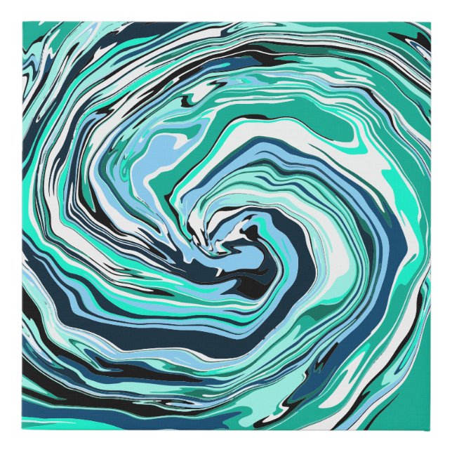 Blue, Teal, Turquoise and White Swirls Marble Art  Faux Canvas Print (Front)