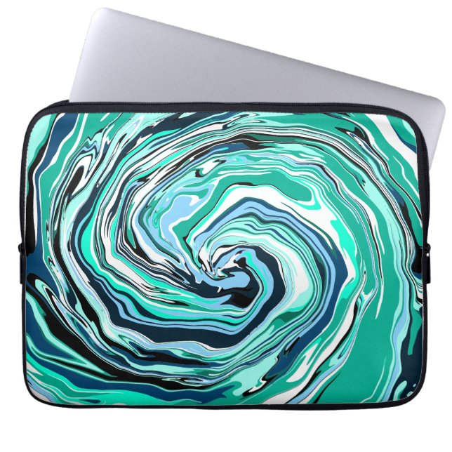 Blue, Teal, Turquoise and White Swirls Marble Art  Laptop Sleeve (Front)