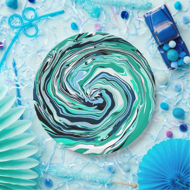 Blue, Teal, Turquoise and White Swirls Marble Art  Paper Plates (Party)