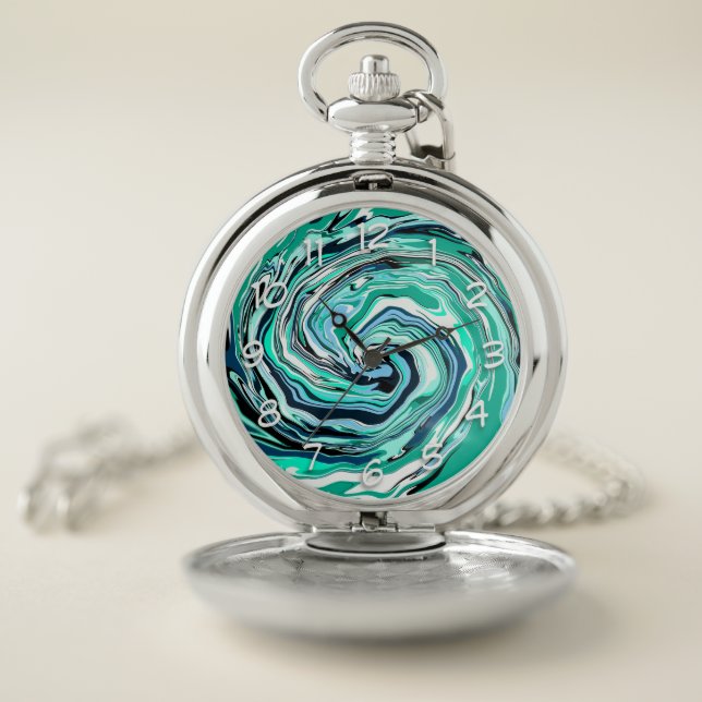 Blue, Teal, Turquoise and White Swirls Marble Art  Pocket Watch (Inside)