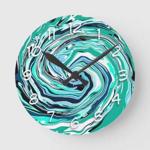 Blue Teal Turquoise and White Swirls Marble Art  Round Clock