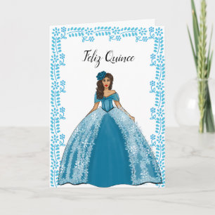 Blue Teal Vintage Quinceanera Dress Birthday Card