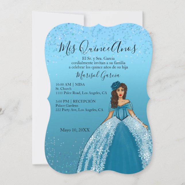 Blue Teal Vintage Quinceanera Dress  Invitation (Front)