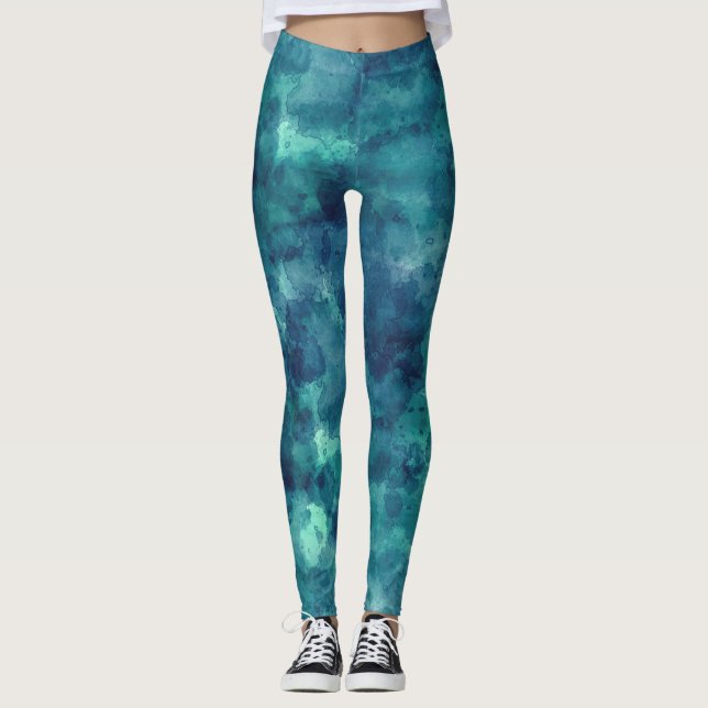 Blue Teal Watercolor Abstraction Leggings (Front)