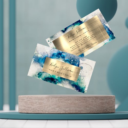 Blue Teal Watercolor and Gold Foil Business Card