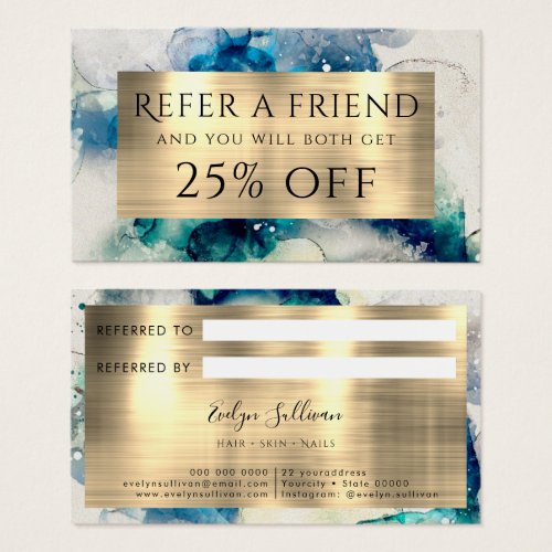 Blue Teal Watercolor and Gold Foil Referral Card