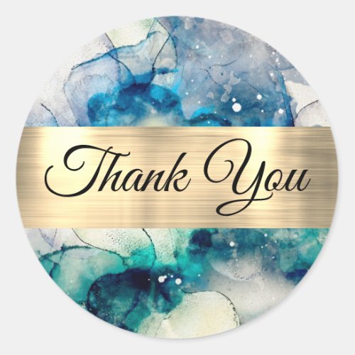 Blue Teal Watercolor and Gold Foil Thank you Classic Round Sticker