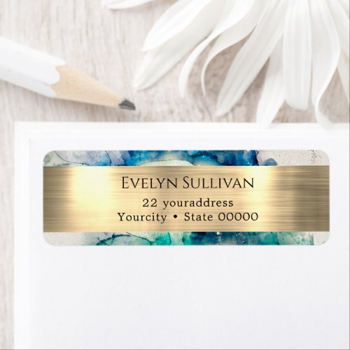 Blue teal watercolor and gold return address label