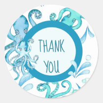 Blue &amp; Teal Watercolor Baby Sea Octopus Thank You Classic Round Sticker