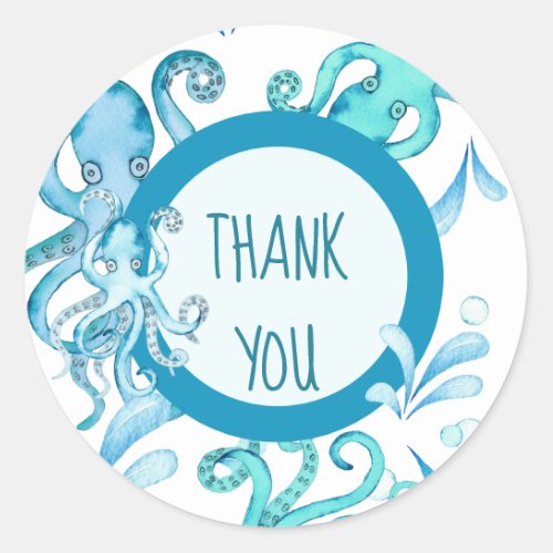 Blue  Teal Watercolor Baby Sea Octopus Thank You Classic Round Sticker