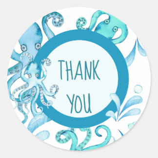 Blue & Teal Watercolor Baby Sea Octopus Thank You Classic Round Sticker