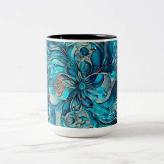 Blue & Teal Watercolor Floral Mandala Two-Tone Coffee Mug